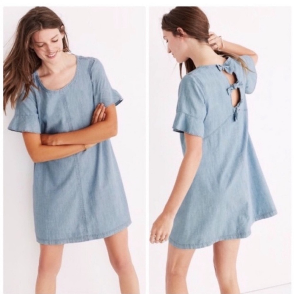 Madewell blue chambrey jean dress open back with bows